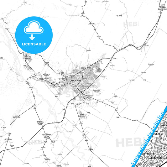 Guanare, Venezuela light map with streetnames, citynames and districts