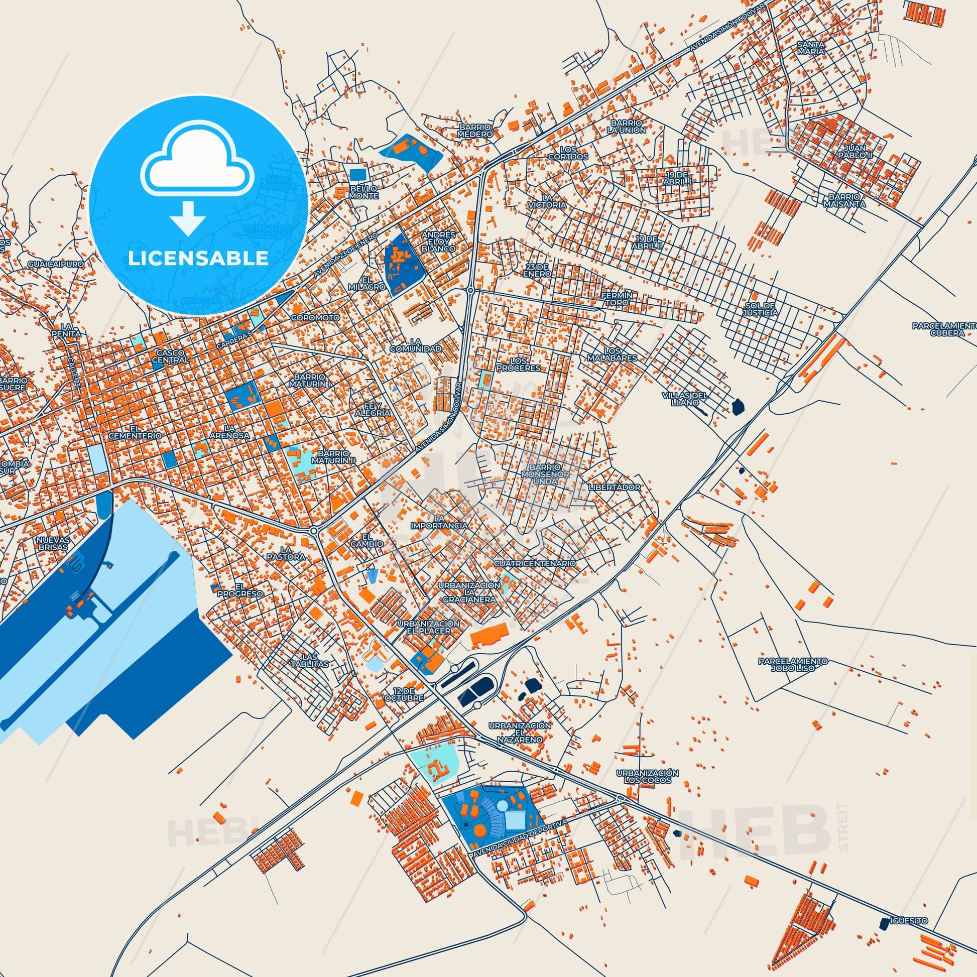 Colorful Guanare Street Map with Labels and Buildings