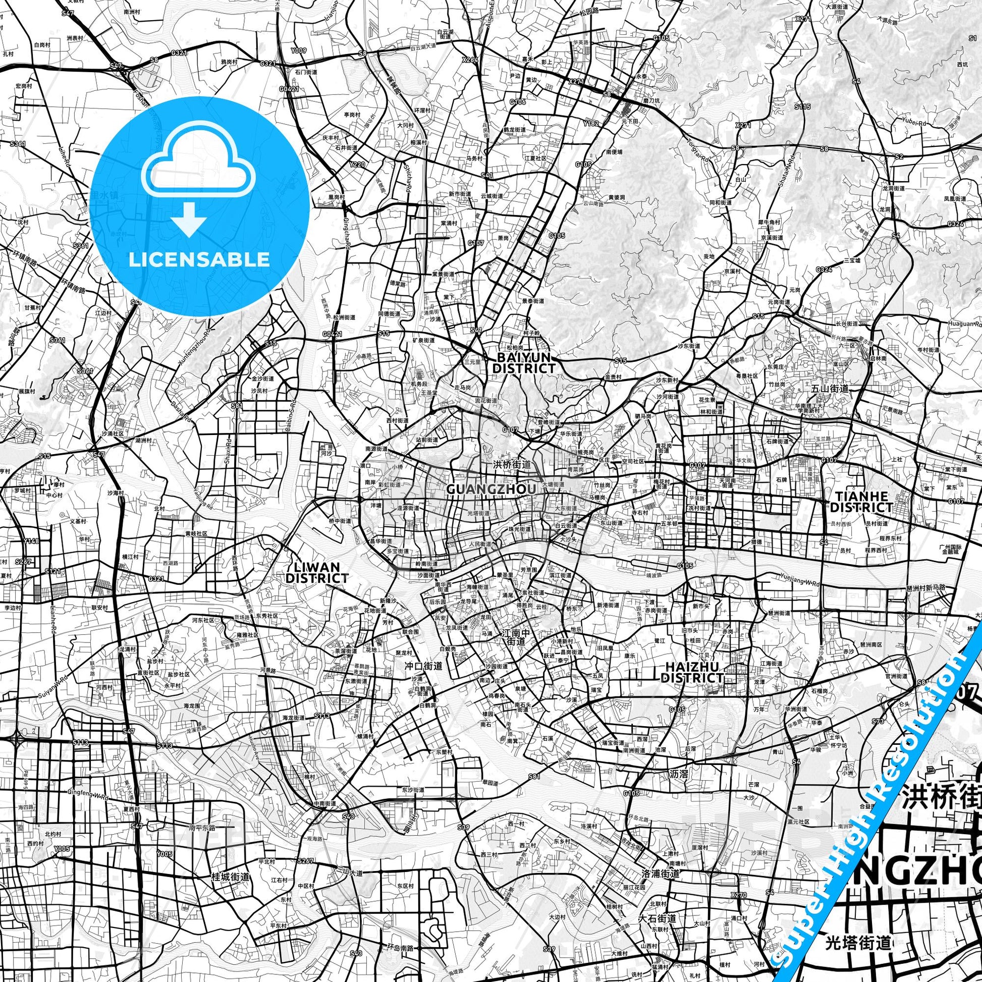 Guangzhou, China light map with streetnames, citynames and districts
