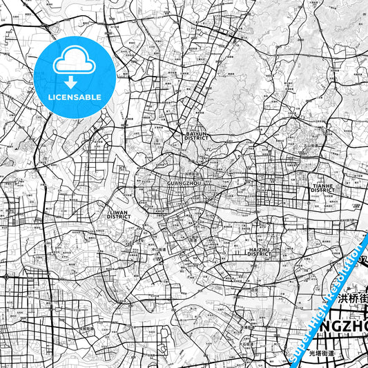Guangzhou, China light map with streetnames, citynames and districts