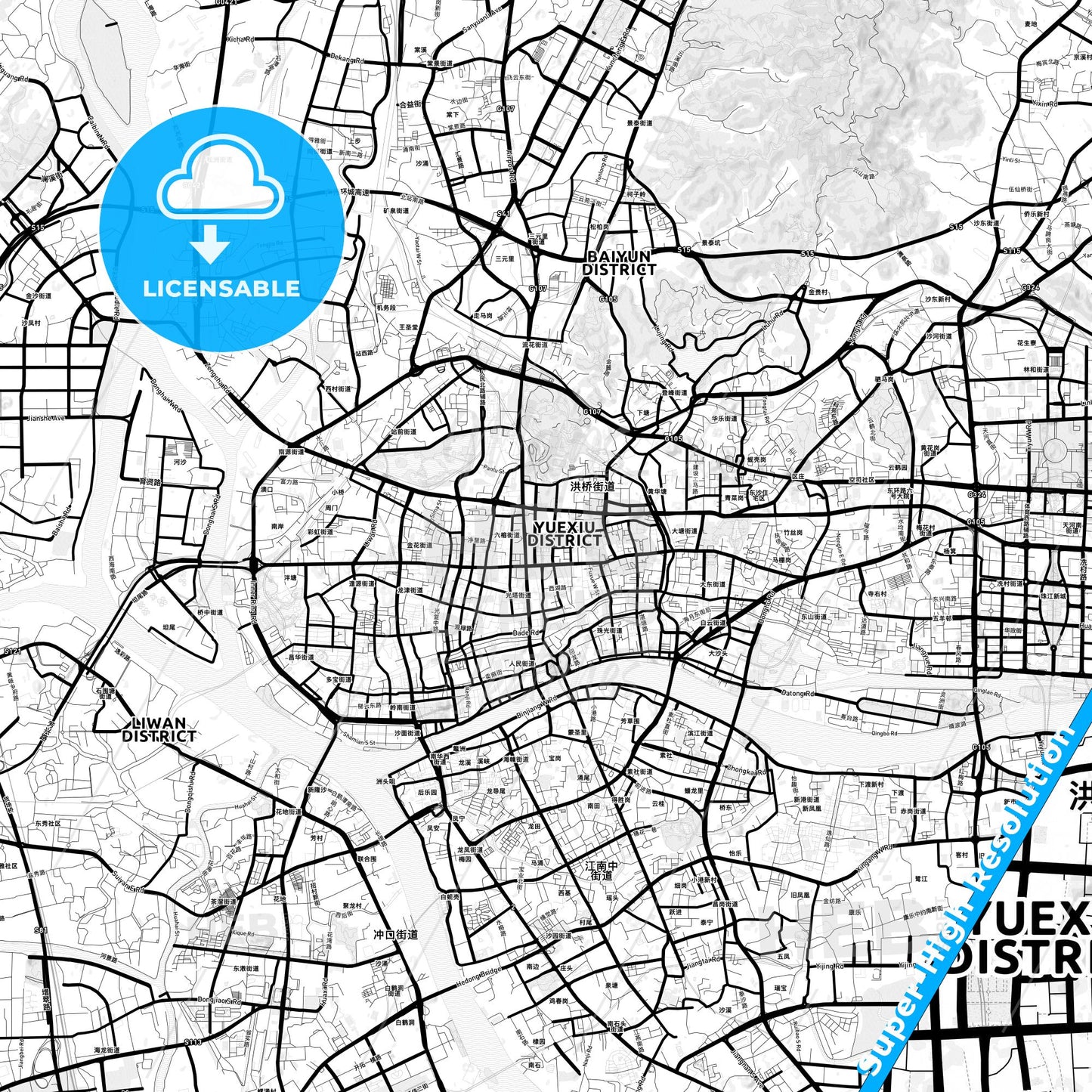 Guangzhou, China Light Map with Street Names, City Names, and Districts