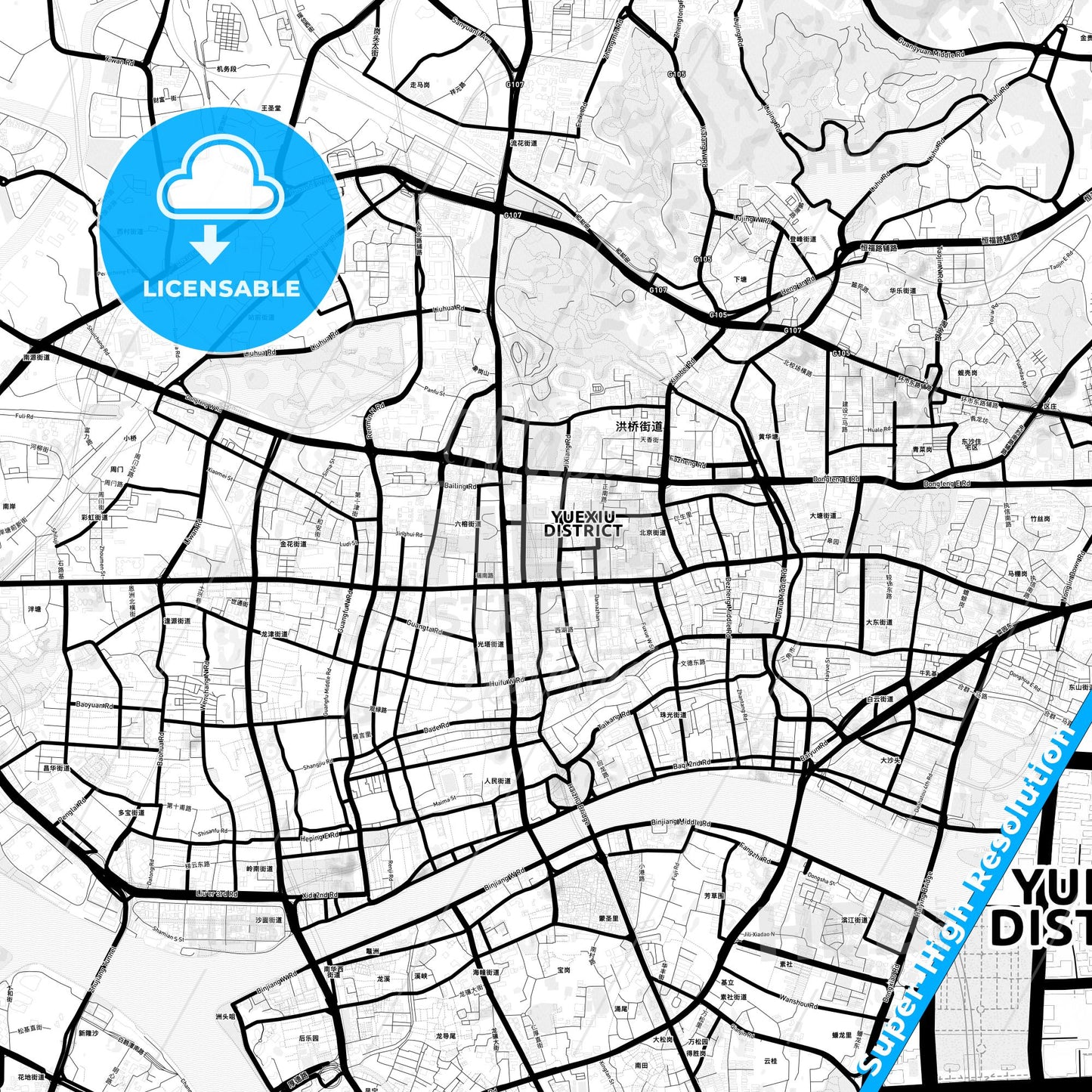 Guangzhou, China Light Map with Street Names, City Names, and Districts