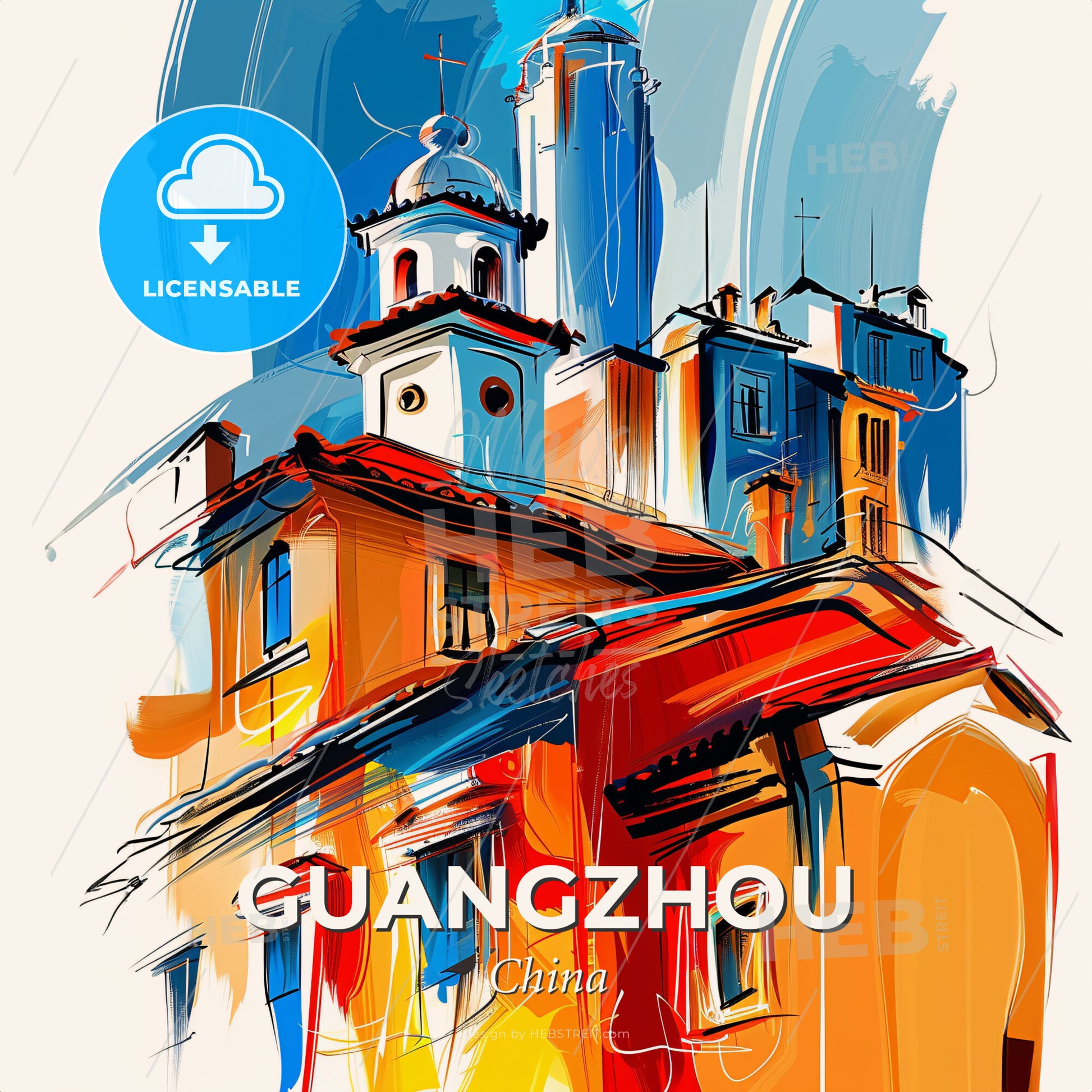 Vibrant Guangzhou, China - A Painting Of A Building - Square format print template
