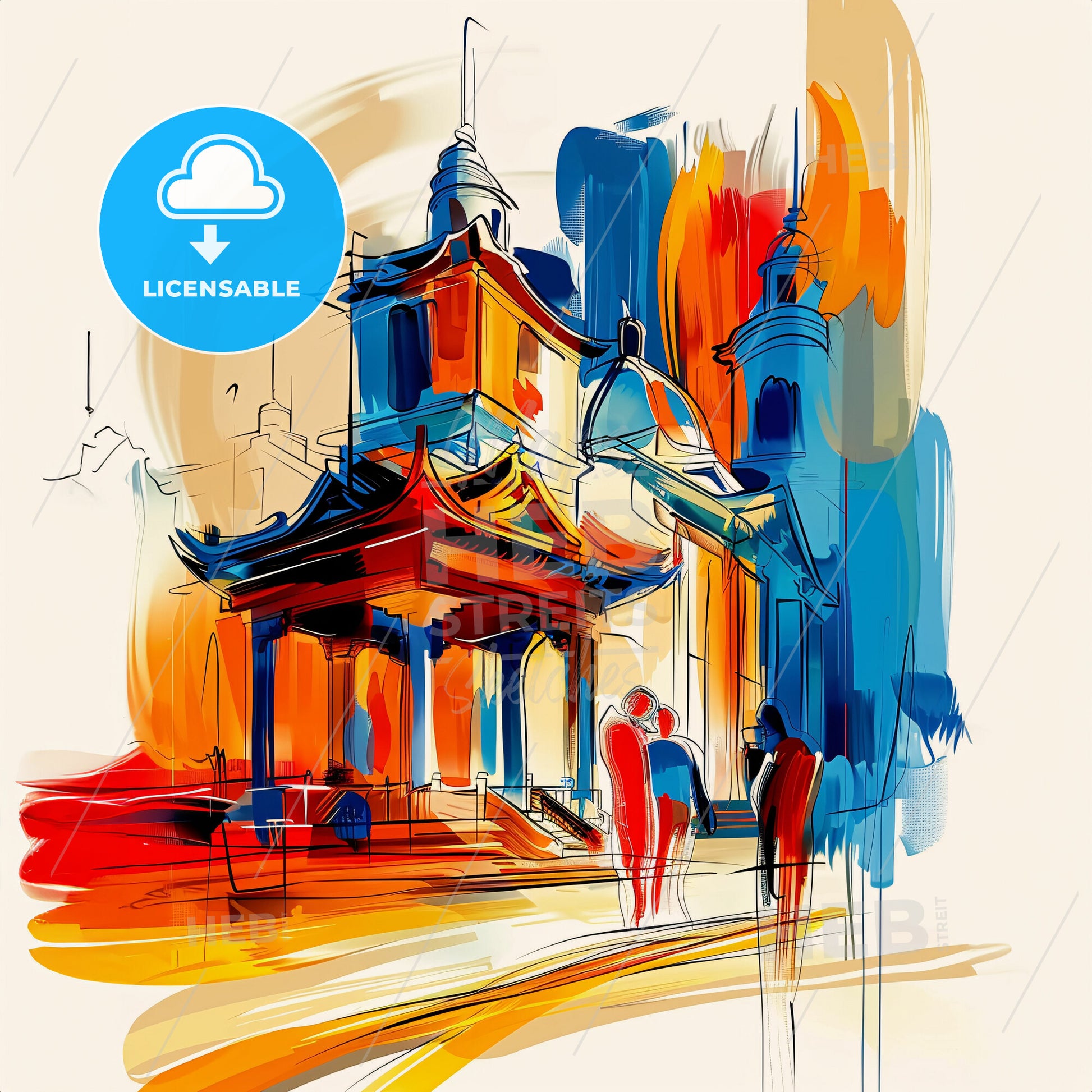 Vibrant Guangzhou, China - A Painting Of A Building With A Colorful Structure