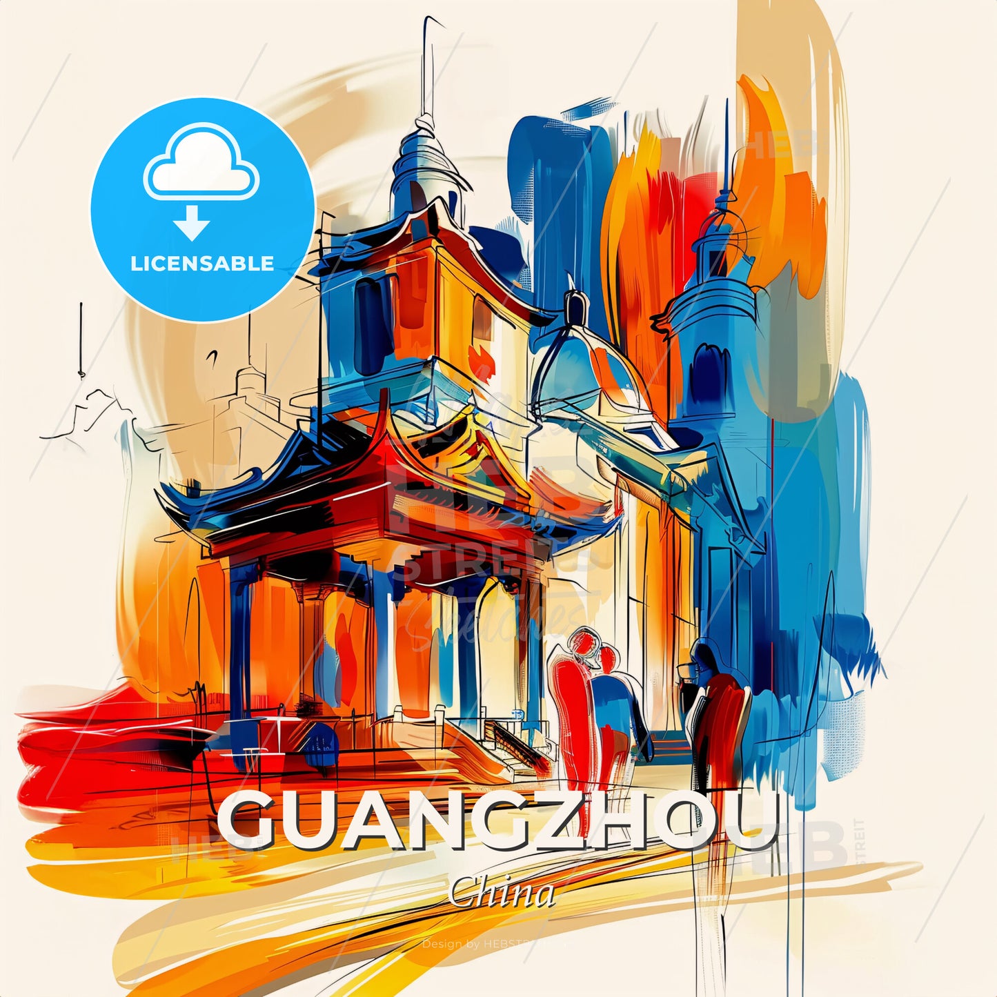 Vibrant Guangzhou, China - A Painting Of A Building With A Colorful Structure - Square format print template