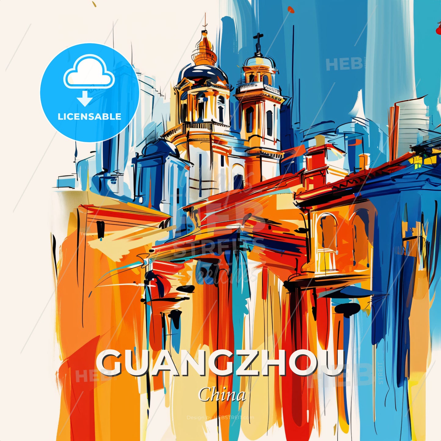 Vibrant Guangzhou, China - A Painting Of A Building With Towers And Buildings In The Background - Square format print template
