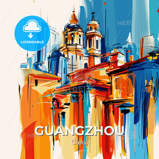 Vibrant Guangzhou, China - A Painting Of A Building With Towers And Buildings In The Background - Square format print template