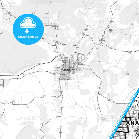 Guantánamo, Cuba light map with streetnames, citynames and districts