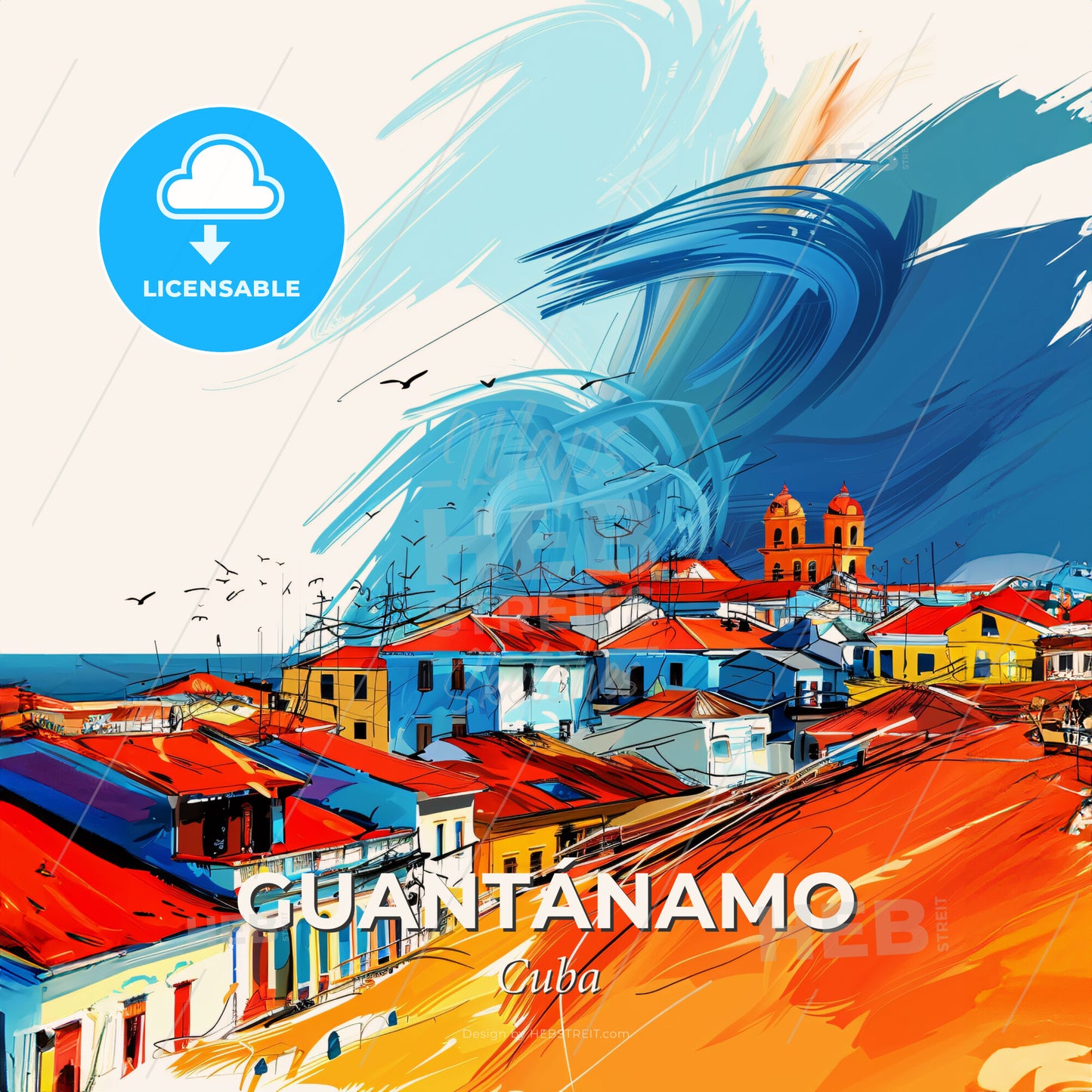 Vibrant Guantánamo, Cuba - A Painting Of A Town With Red Roofs - Square format print template