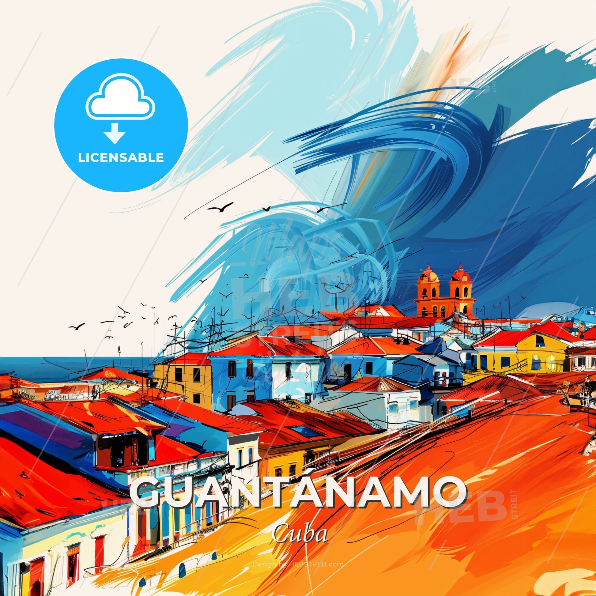 Vibrant Guantánamo, Cuba - A Painting Of A Town With Red Roofs - Square format print template