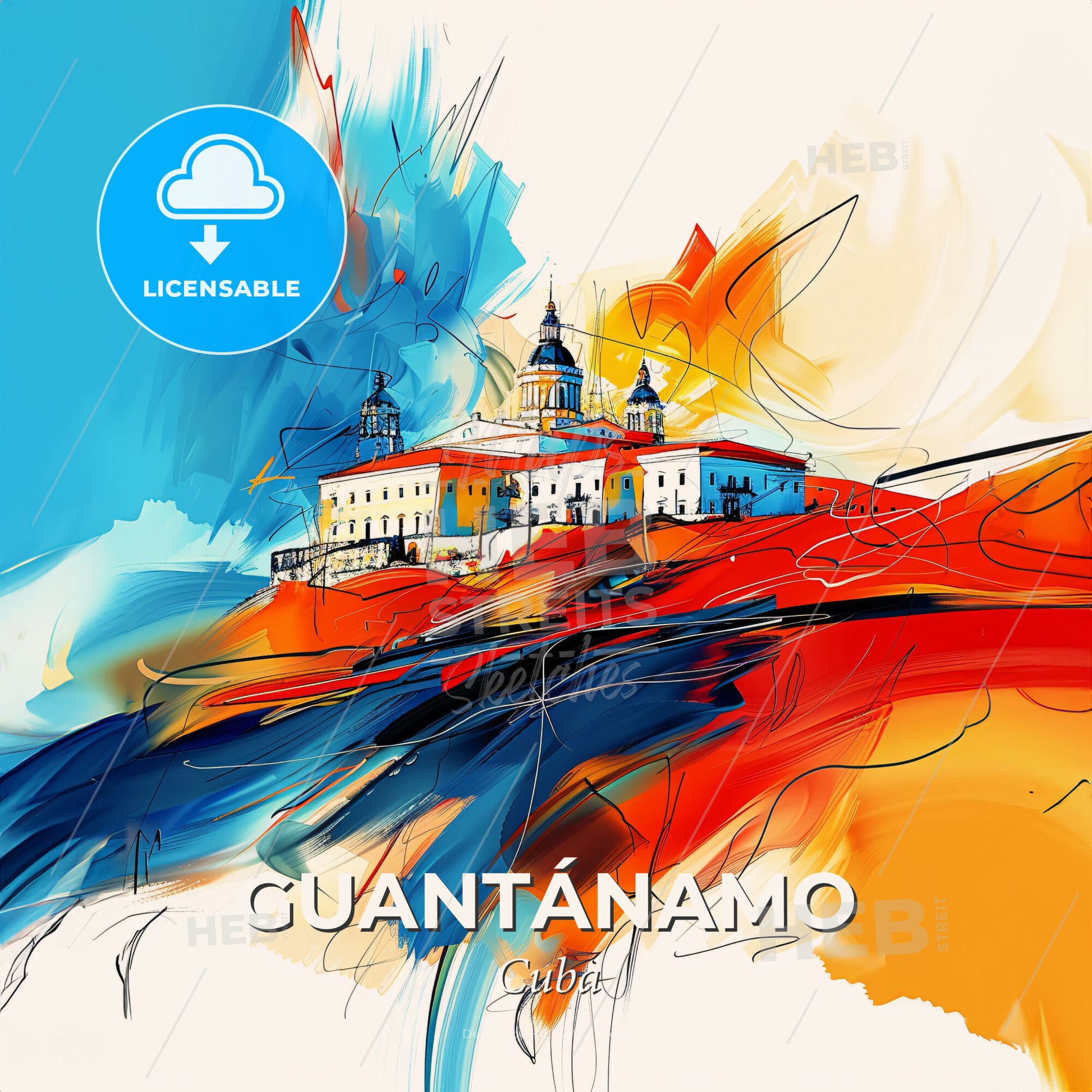 Vibrant Guantánamo, Cuba - A Painting Of A Building On A Hill - Square format print template