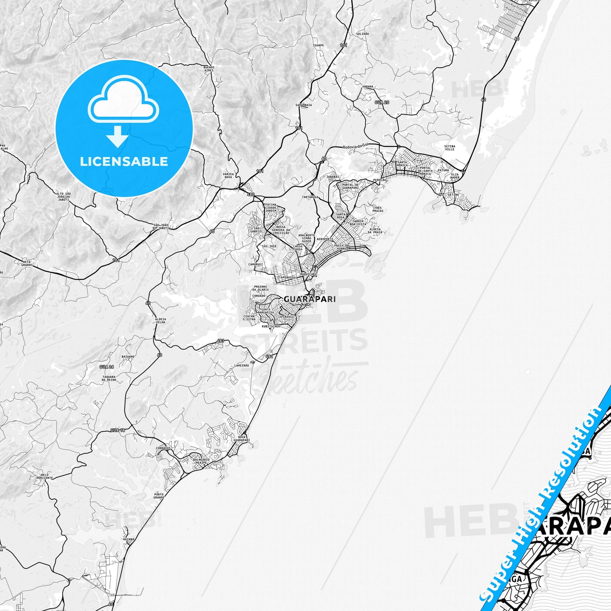 Guarapari, Brazil light map with streetnames, citynames and districts