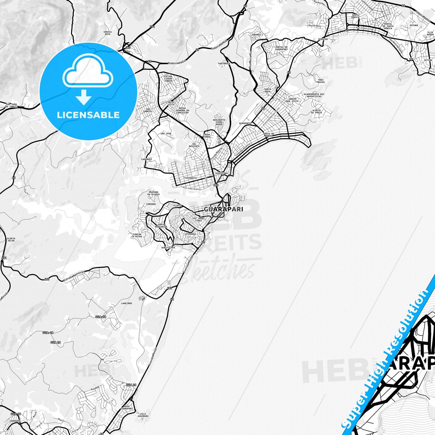 Guarapari, Brazil Light Map with Street Names, City Names, and Districts