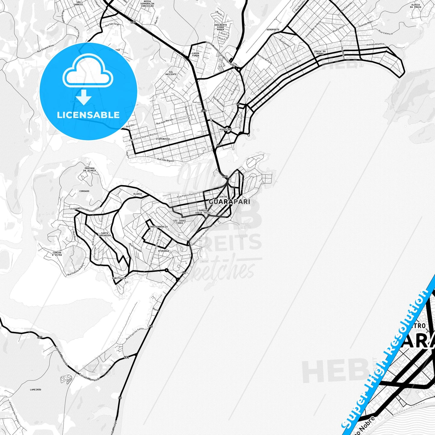Guarapari, Brazil Light Map with Street Names, City Names, and Districts