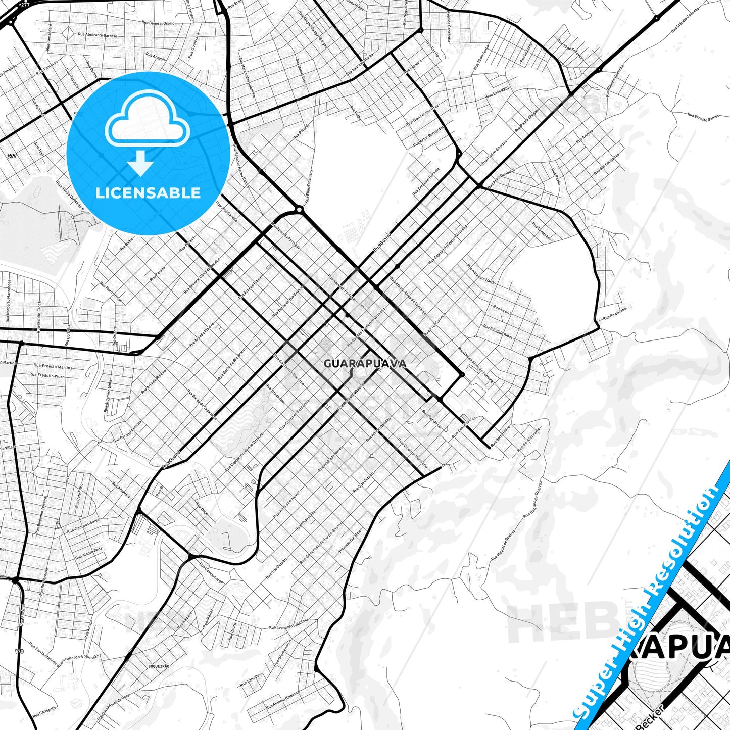 Guarapuava, Brazil Light Map with Street Names, City Names, and Districts