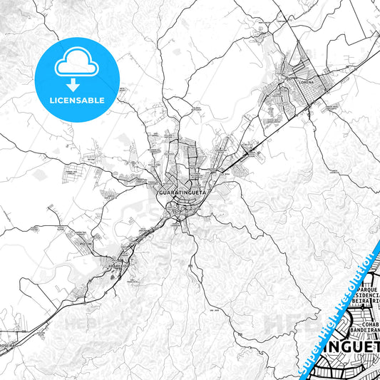 Guaratingueta, Brazil light map with streetnames, citynames and districts