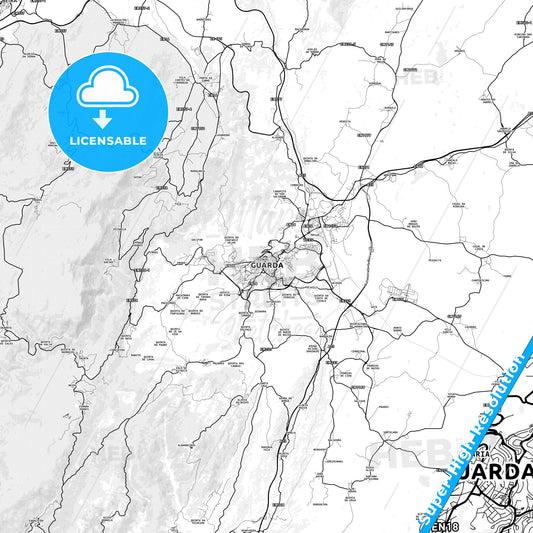 Guarda, Portugal light map with streetnames, citynames and districts