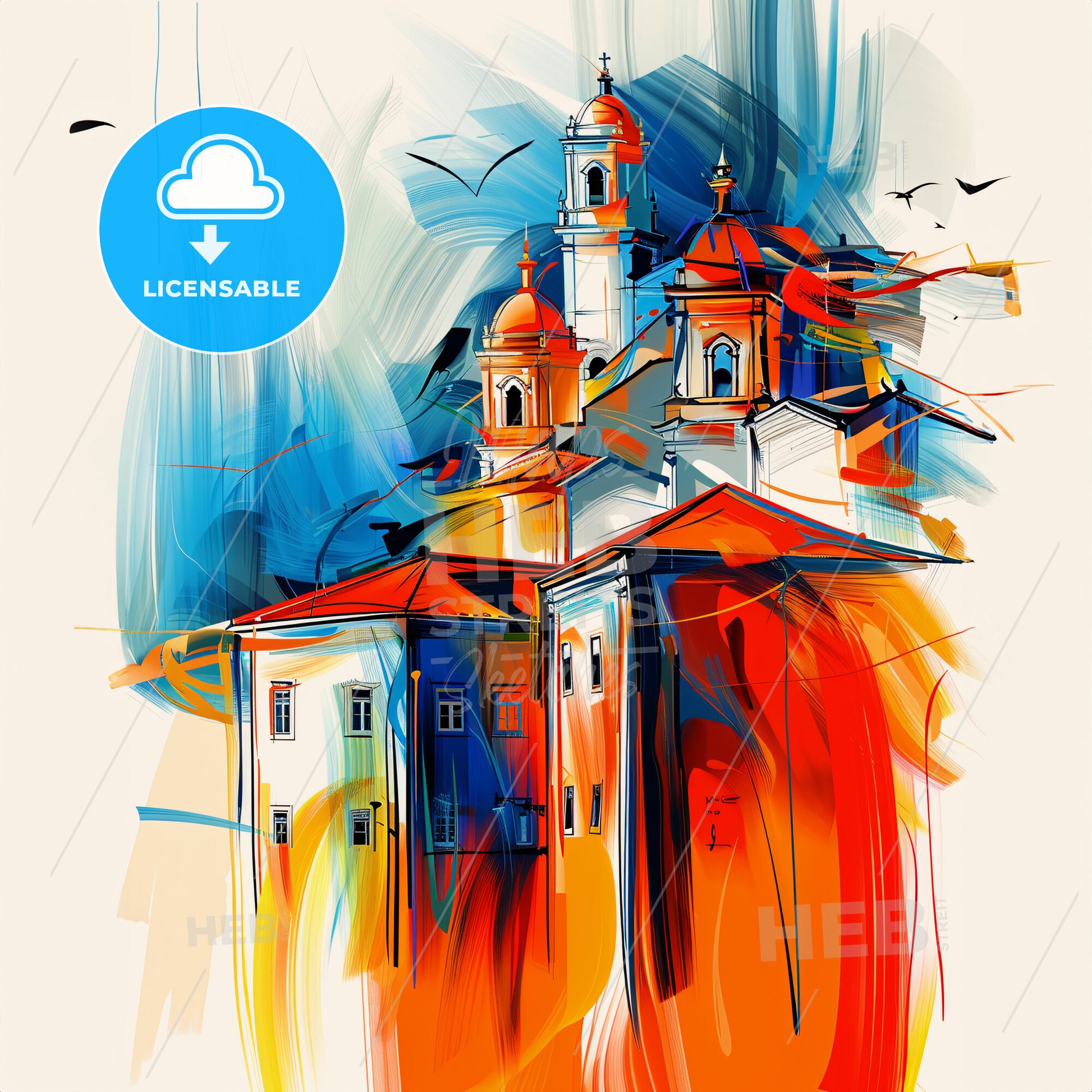 Vibrant Guarda, Portugal - A Painting Of A Building With Towers And Birds Flying