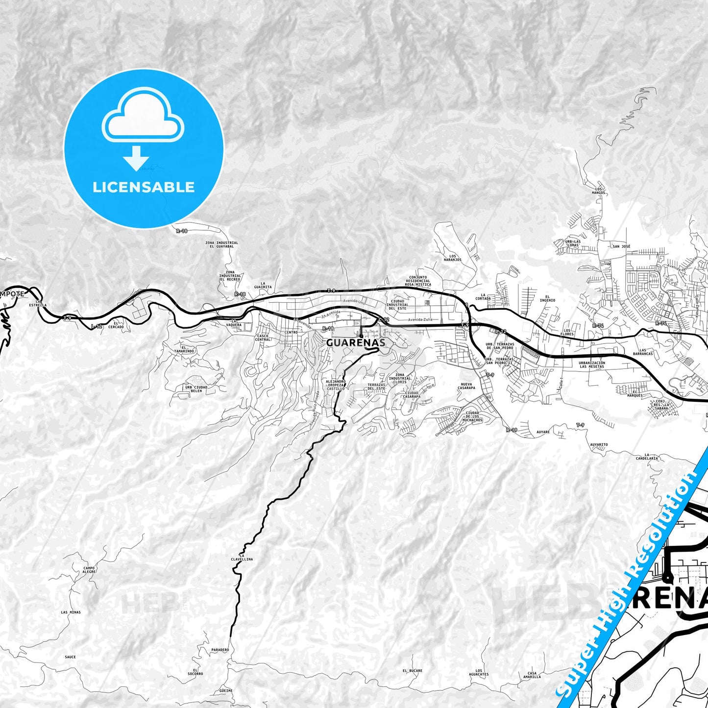 Guarenas, Venezuela Light Map with Street Names, City Names, and Districts