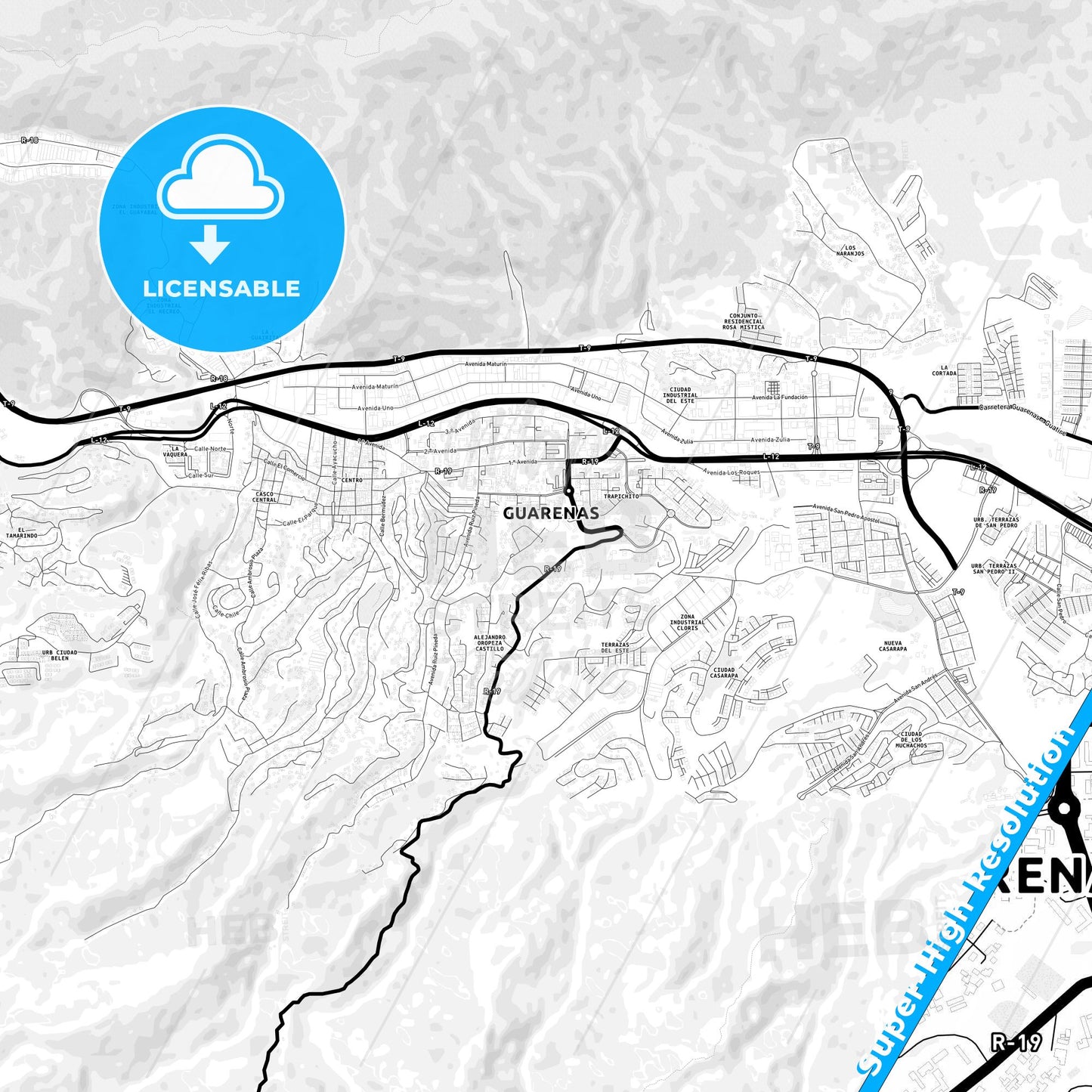 Guarenas, Venezuela Light Map with Street Names, City Names, and Districts