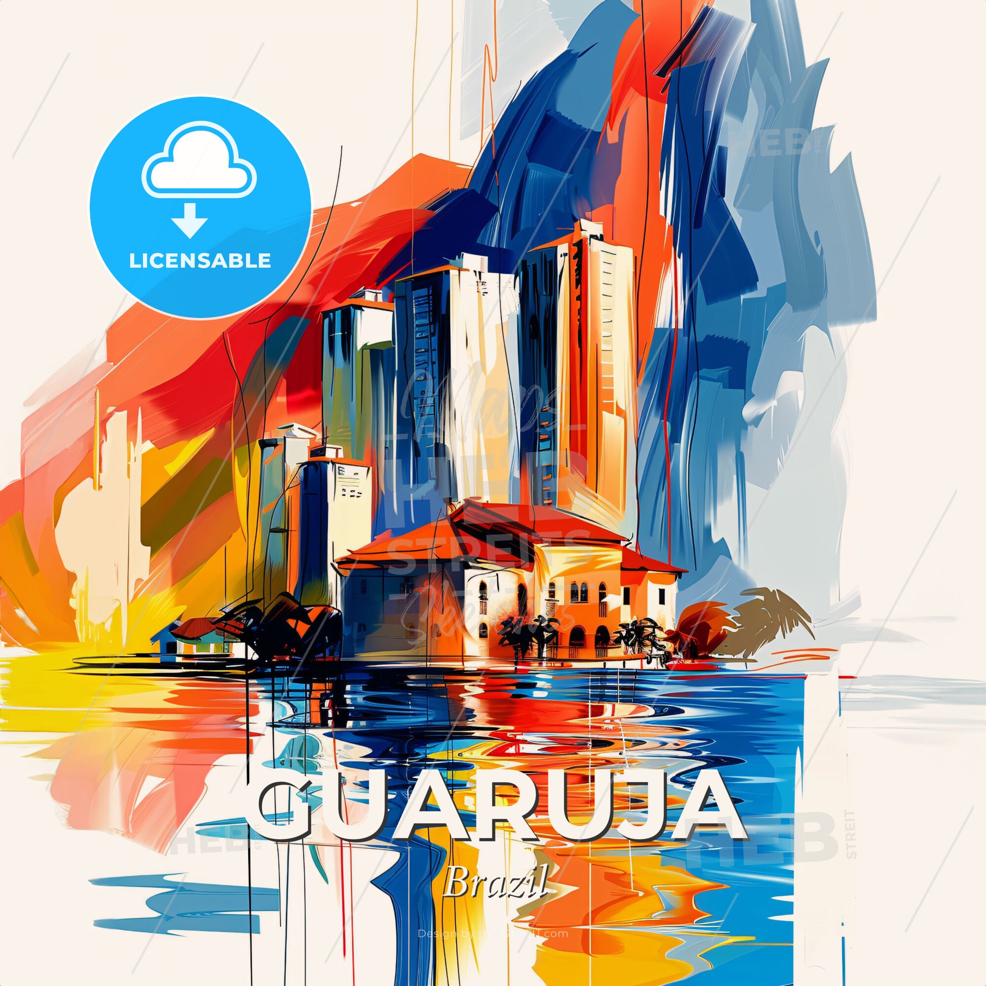 Vibrant Guaruja, Brazil - A Painting Of A City With Buildings And A Body Of Water - Square format print template