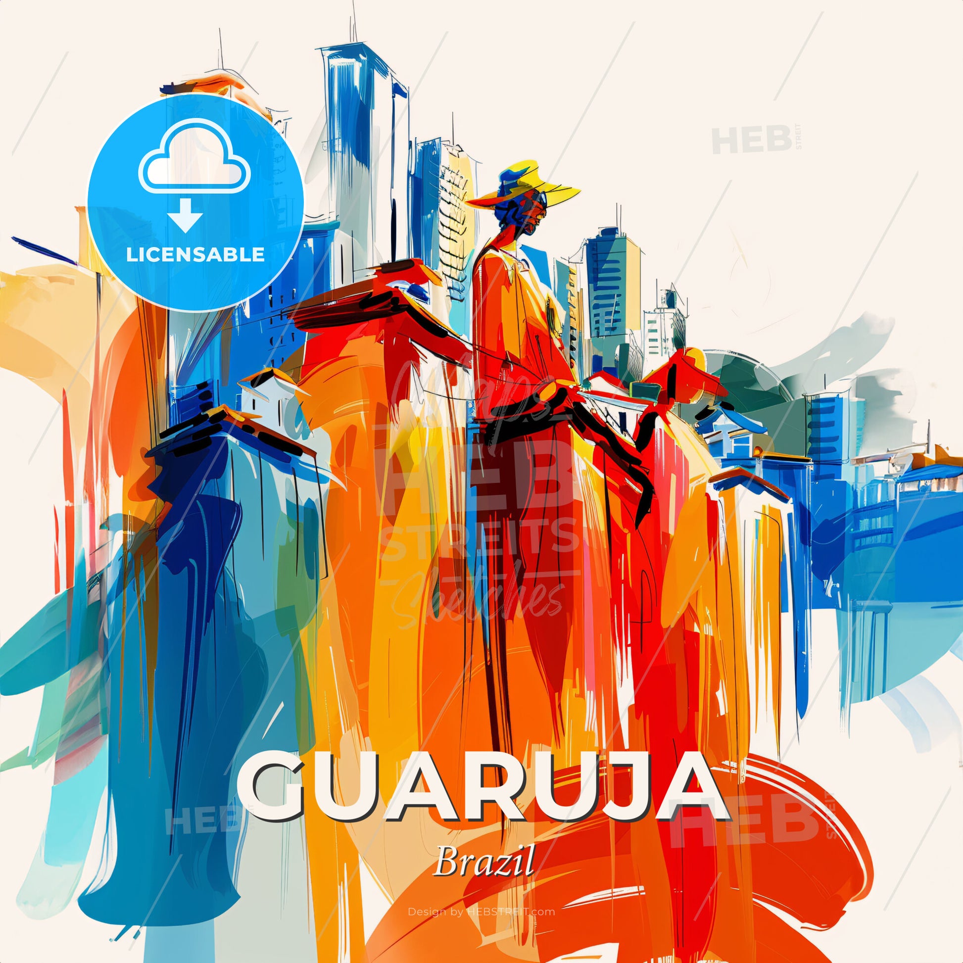 Vibrant Guaruja, Brazil - A Painting Of A Man On A Horse In A City - Square format print template
