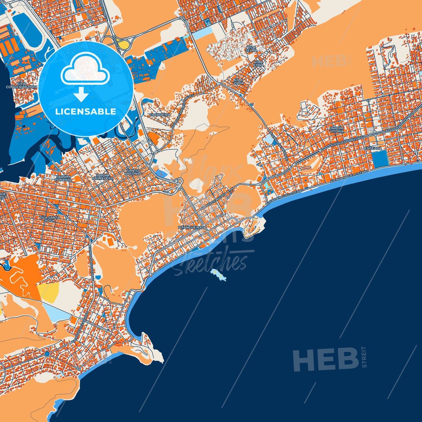 Colorful Guaruja Street Map with Labels and Buildings