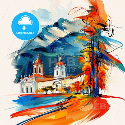 Vibrant Guatemala City, Guatemala - A Painting Of A Building With A Mountain In The Background