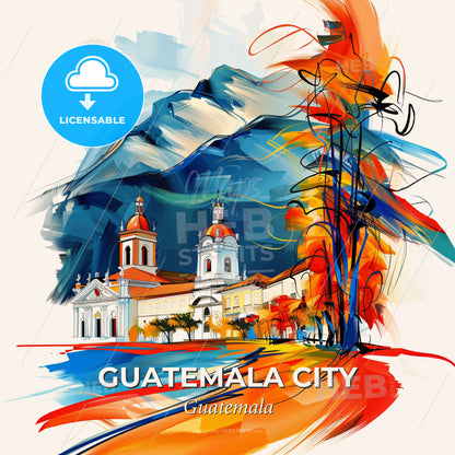 Vibrant Guatemala City, Guatemala - A Painting Of A Building With A Mountain In The Background - Square format print template
