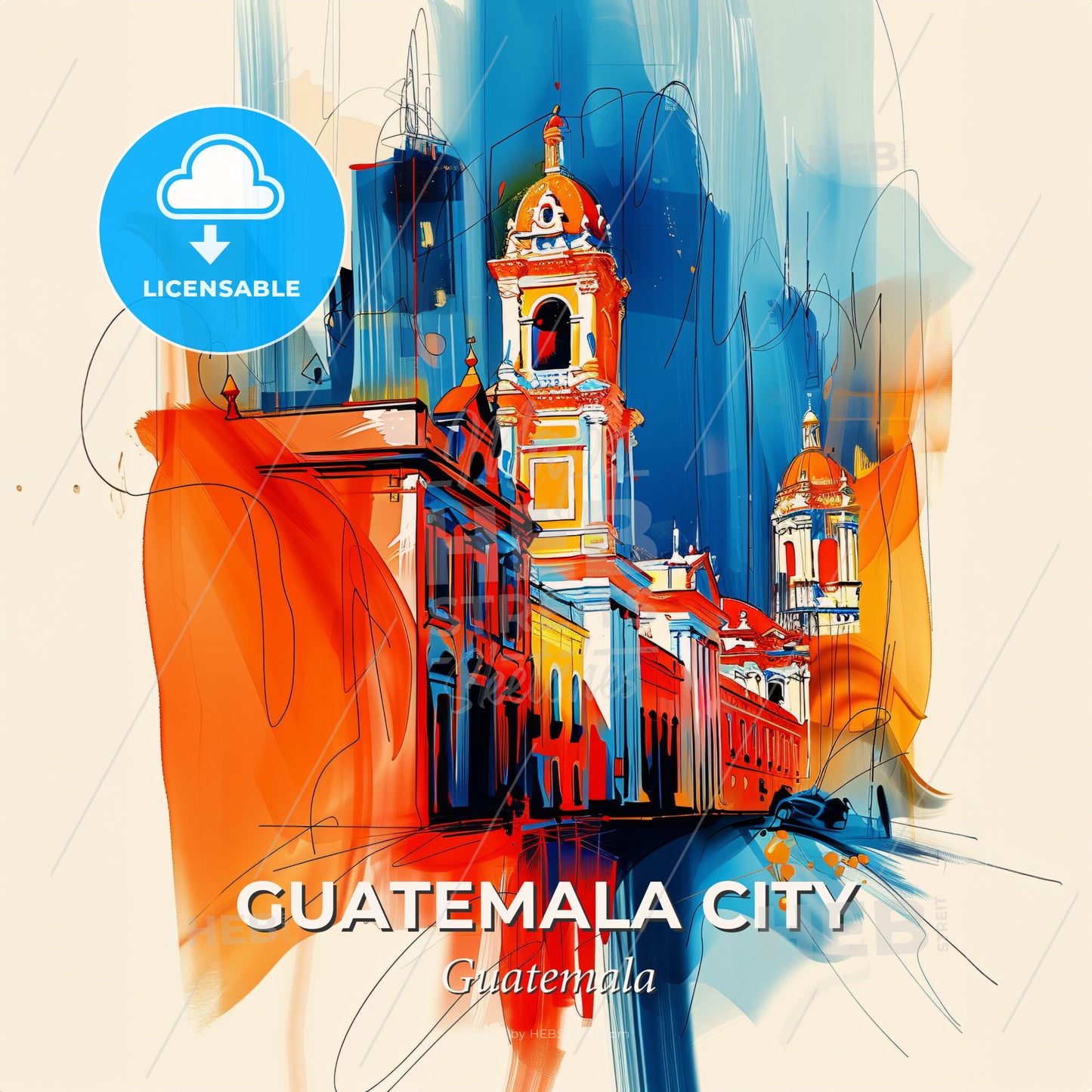 Vibrant Guatemala City, Guatemala - A Painting Of A Building With A Tower - Square format print template