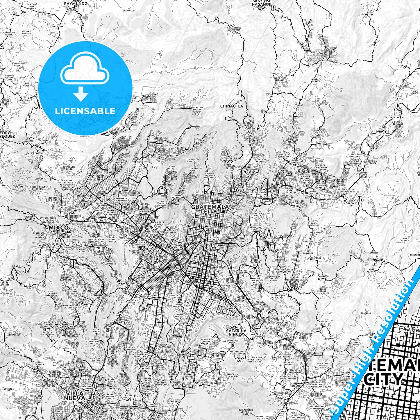 Guatemala City, Guatemala light map with streetnames, citynames and districts
