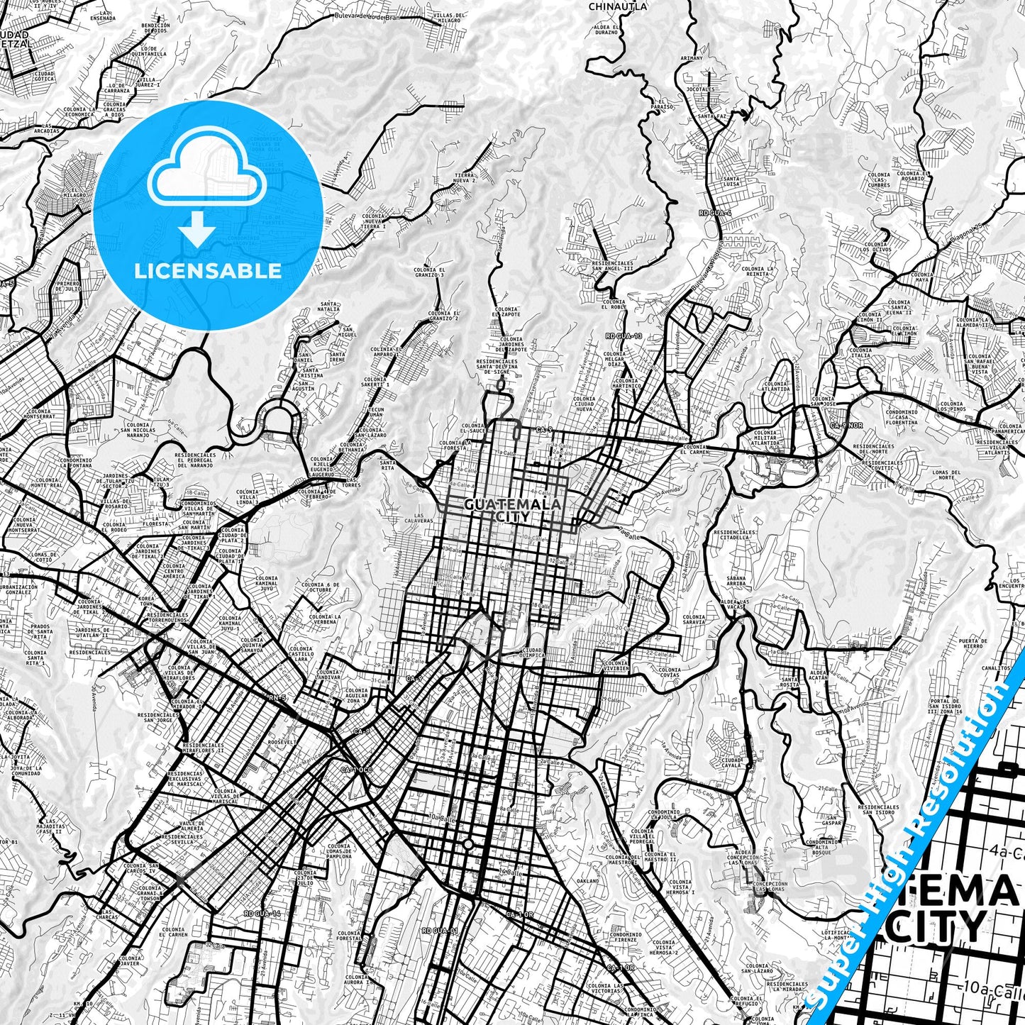 Guatemala City, Guatemala Light Map with Street Names, City Names, and Districts
