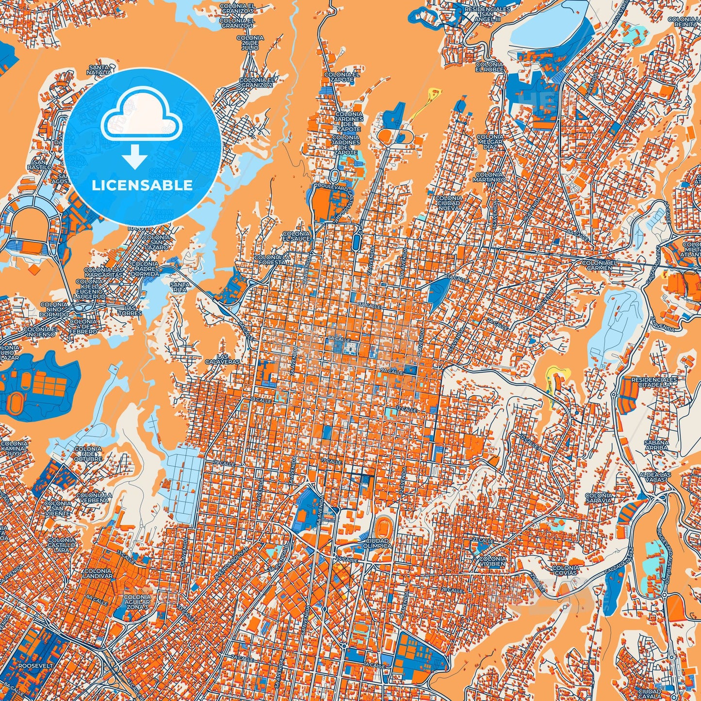 Colorful Guatemala City Street Map with Labels and Buildings