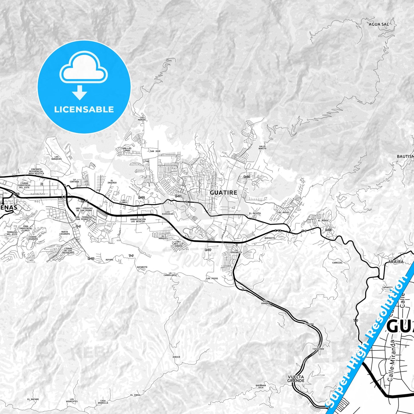 Guatire, Venezuela Light Map with Street Names, City Names, and Districts
