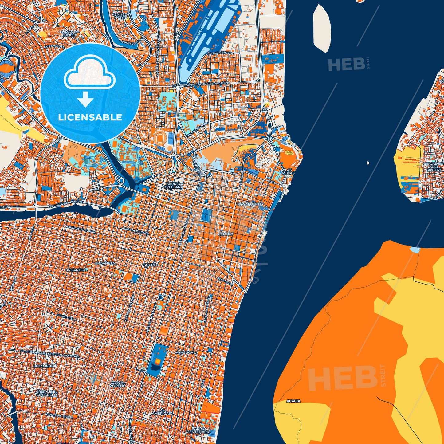 Colorful Guayaquil Street Map with Labels and Buildings