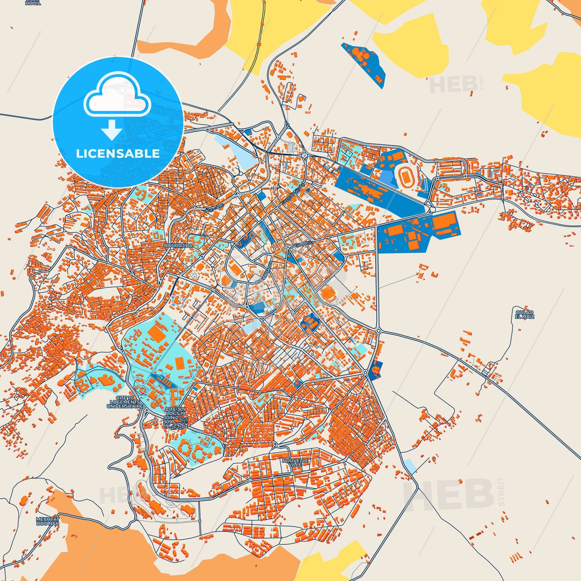 Colorful Guelma Street Map with Labels and Buildings