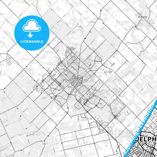 Guelph, Canada light map with streetnames, citynames and districts