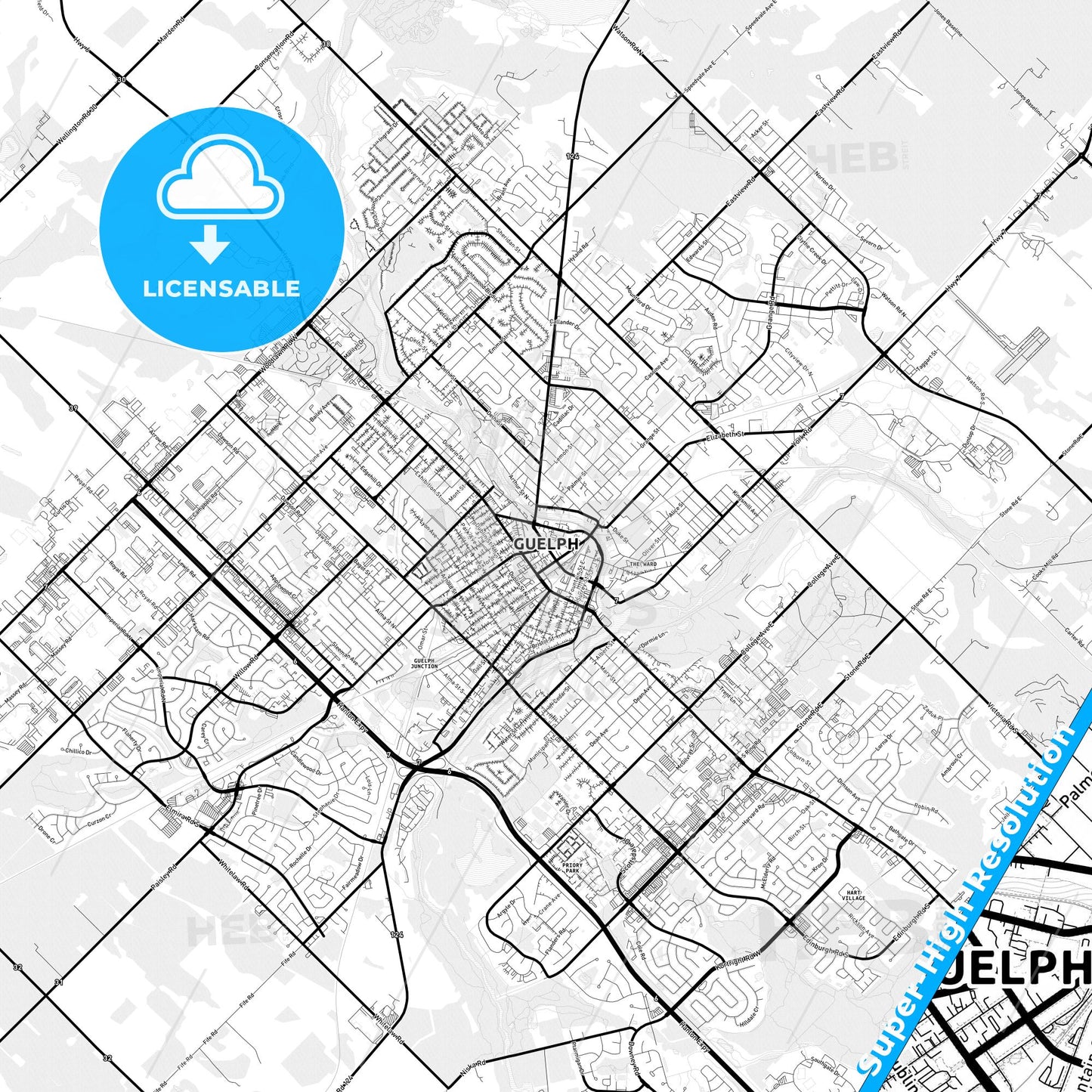 Guelph, Canada Light Map with Street Names, City Names, and Districts