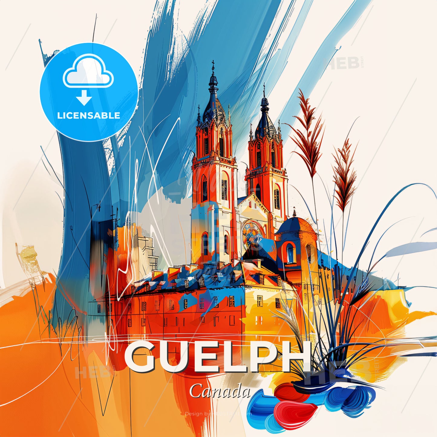 Vibrant Guelph, Canada - A Painting Of A Building With Towers And Plants - Square format print template