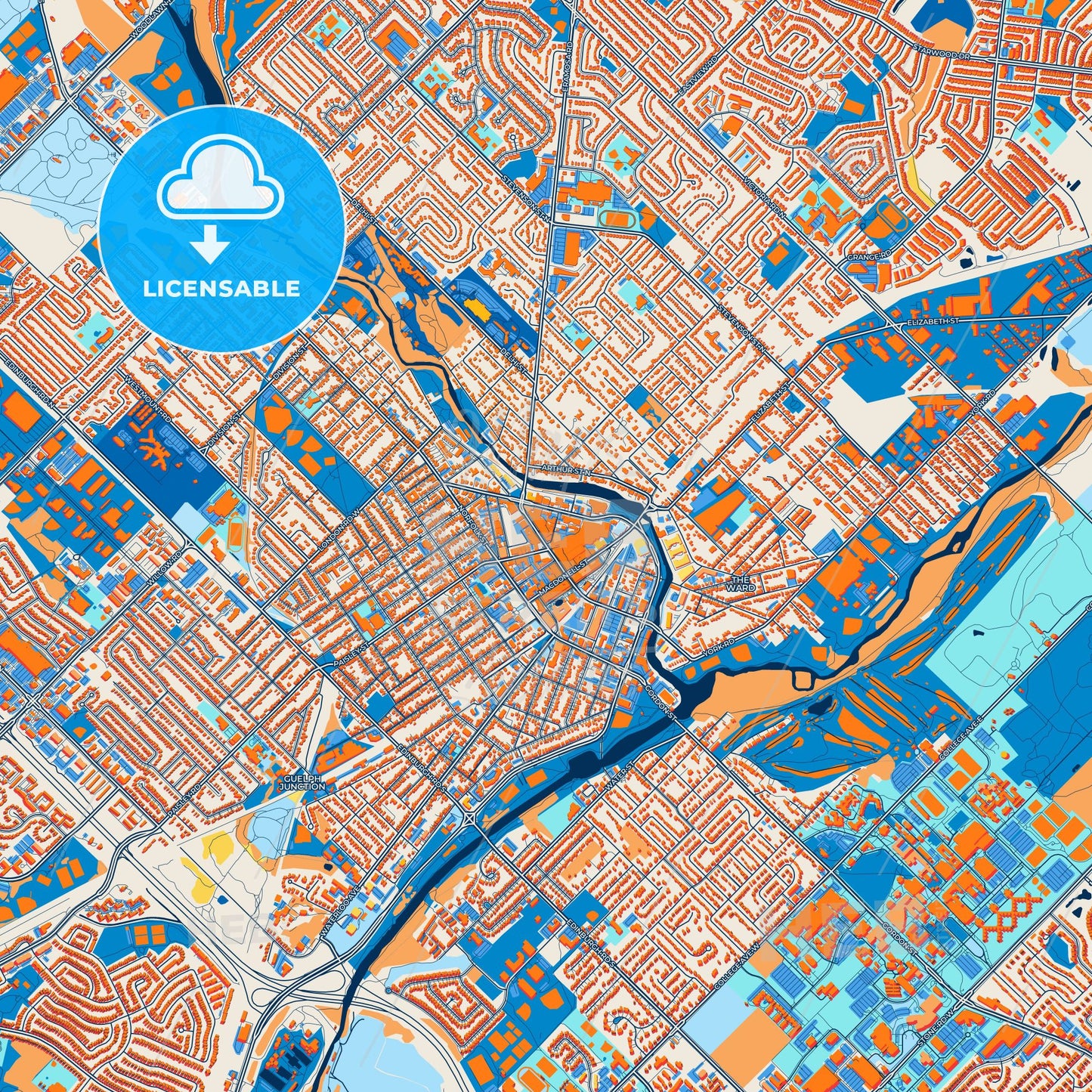 Colorful Guelph Street Map with Labels and Buildings
