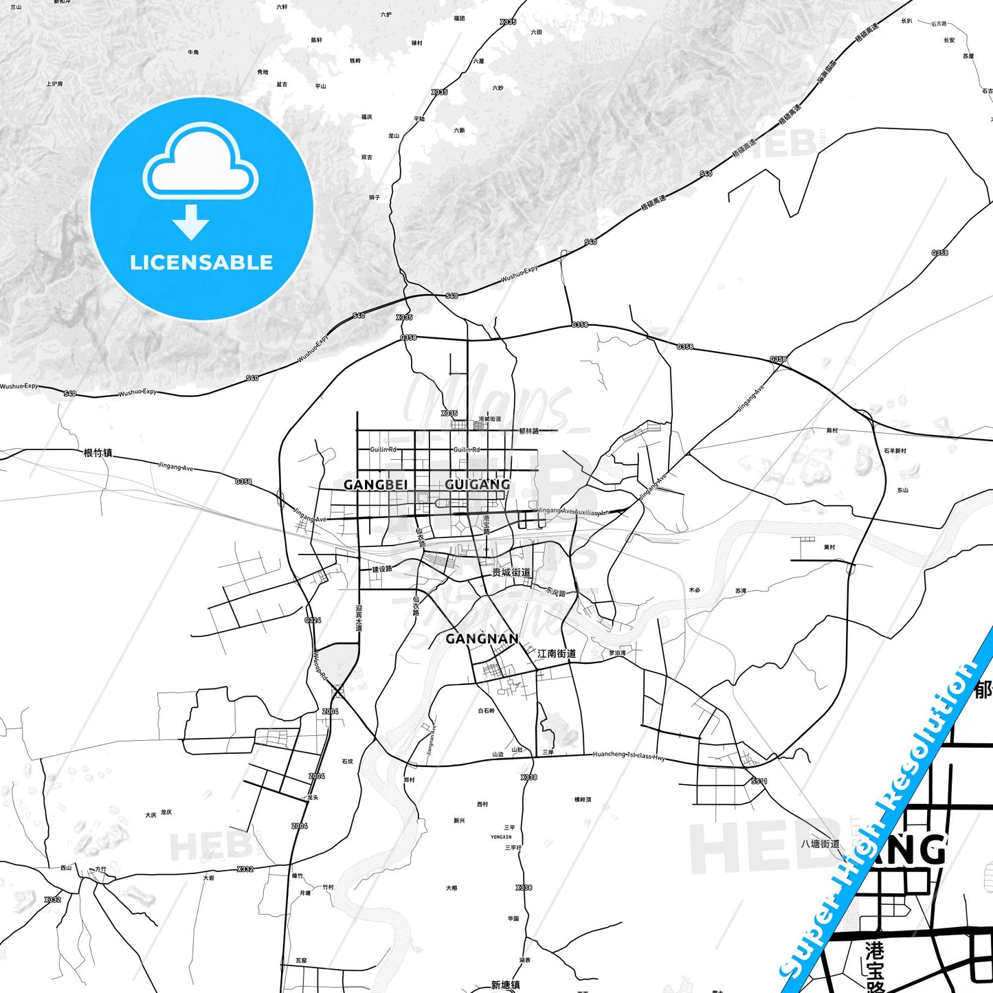 Guigang, China light map with streetnames, citynames and districts