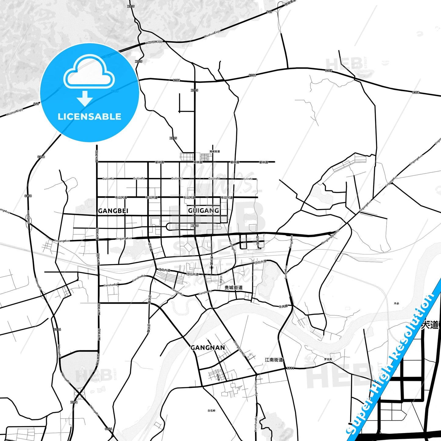 Guigang, China Light Map with Street Names, City Names, and Districts