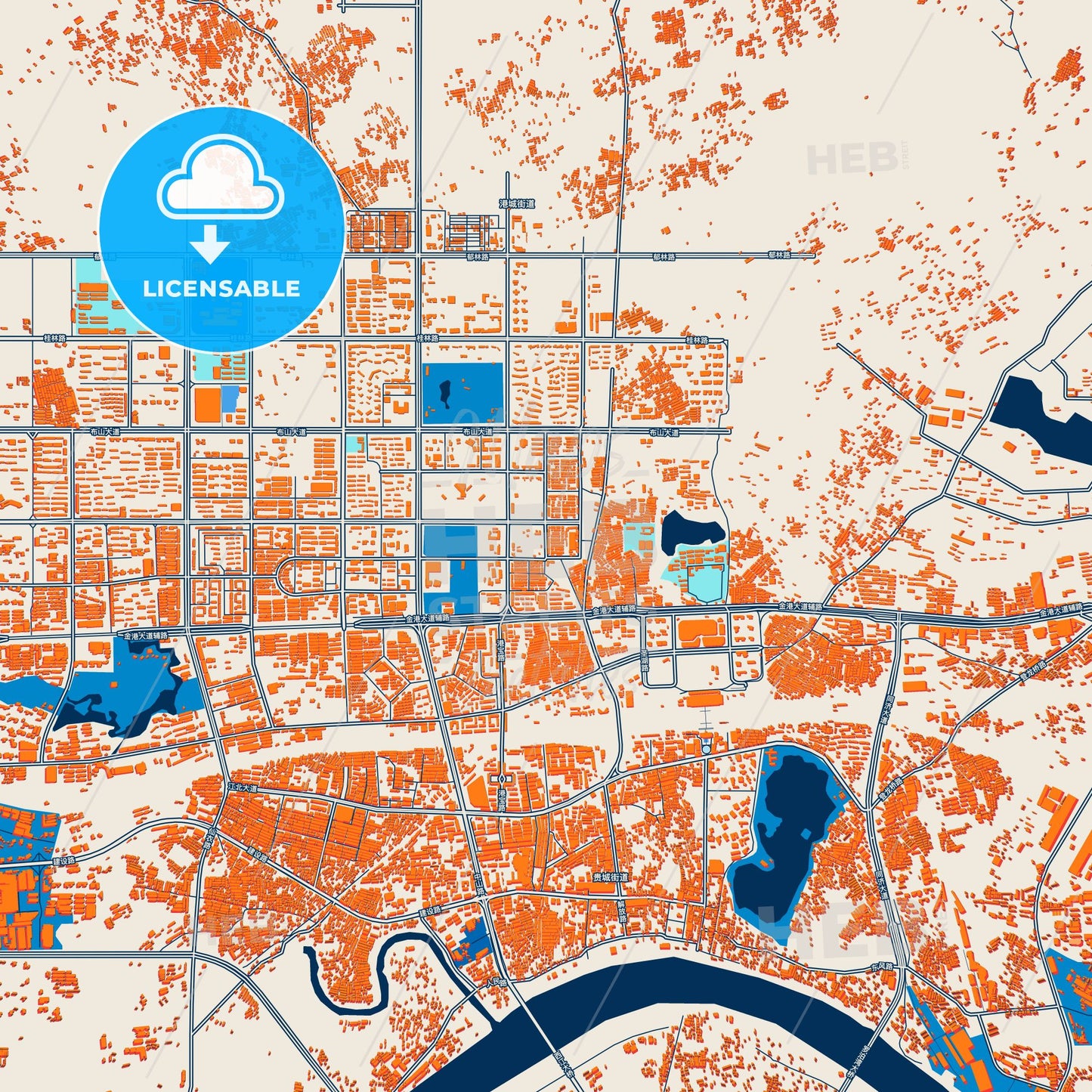 Colorful Guigang Street Map with Labels and Buildings