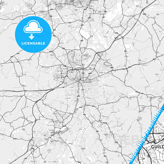 Guildford, England light map with streetnames, citynames and districts
