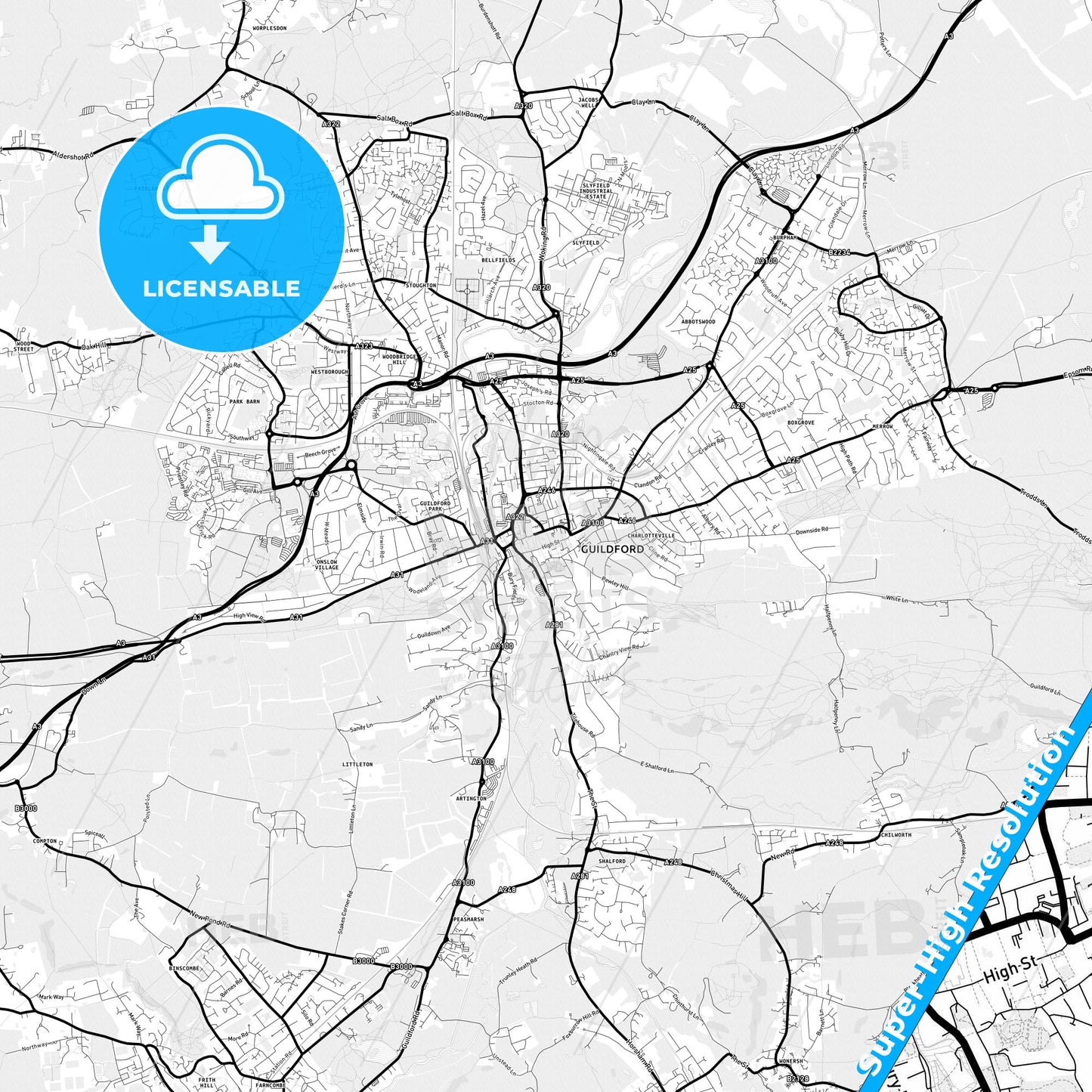 Guildford, England Light Map with Street Names, City Names, and Districts