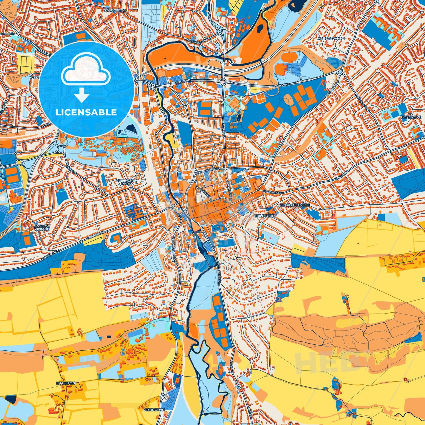Colorful Guildford Street Map with Labels and Buildings