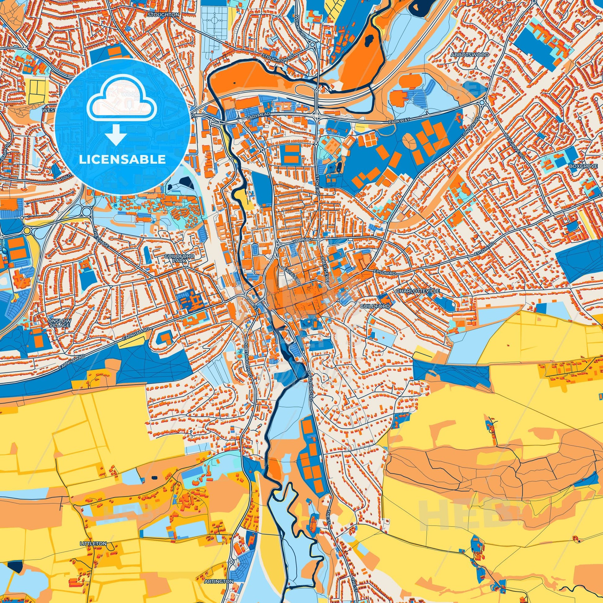 Colorful Guildford Street Map with Labels and Buildings