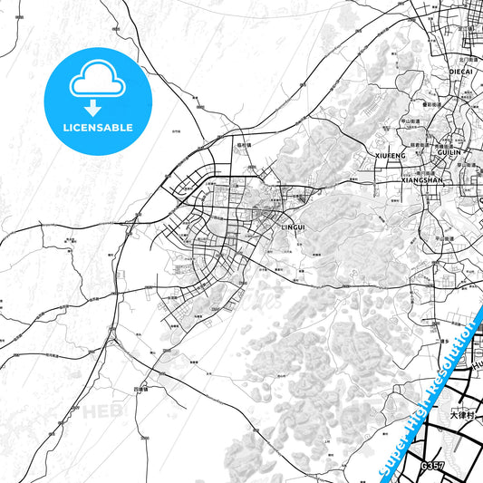 Guilin, China light map with streetnames, citynames and districts