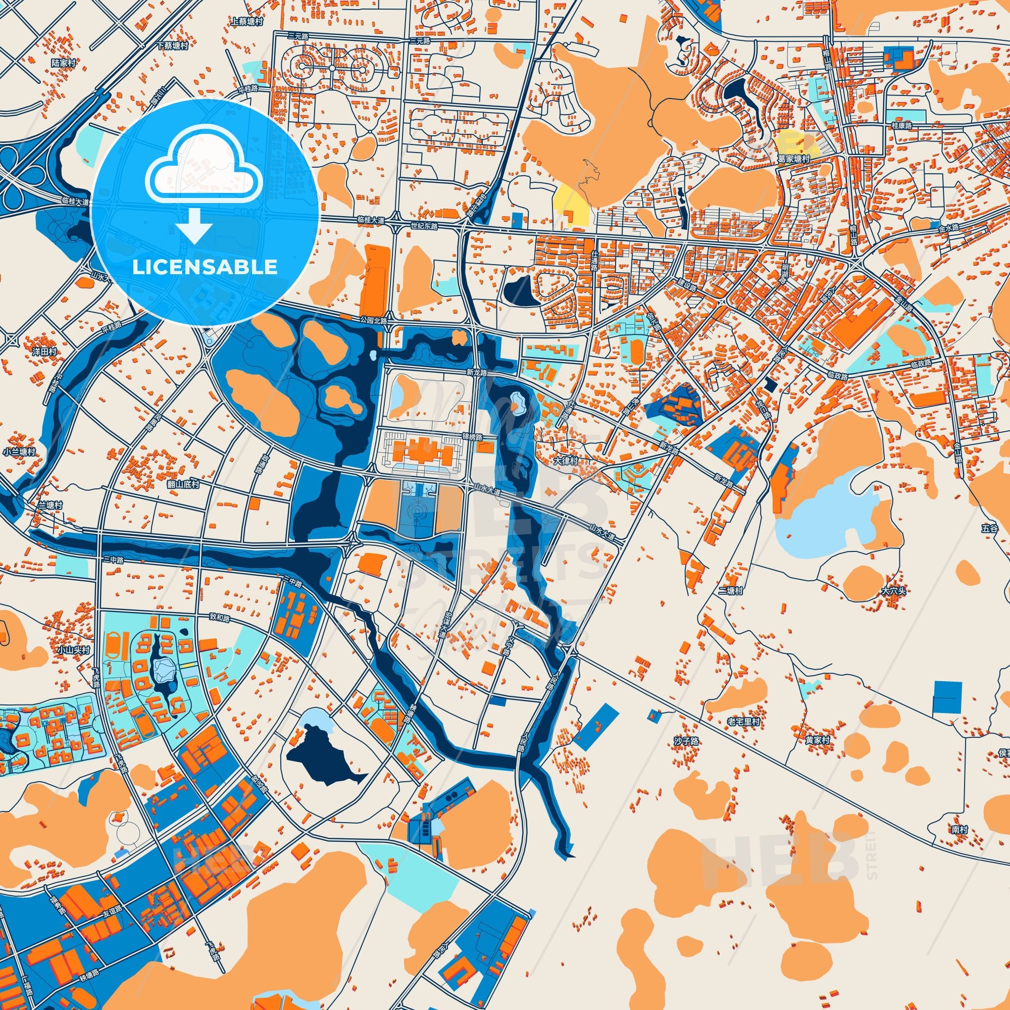 Colorful Guilin Street Map With Labels And Buildings – HEBSTREITS
