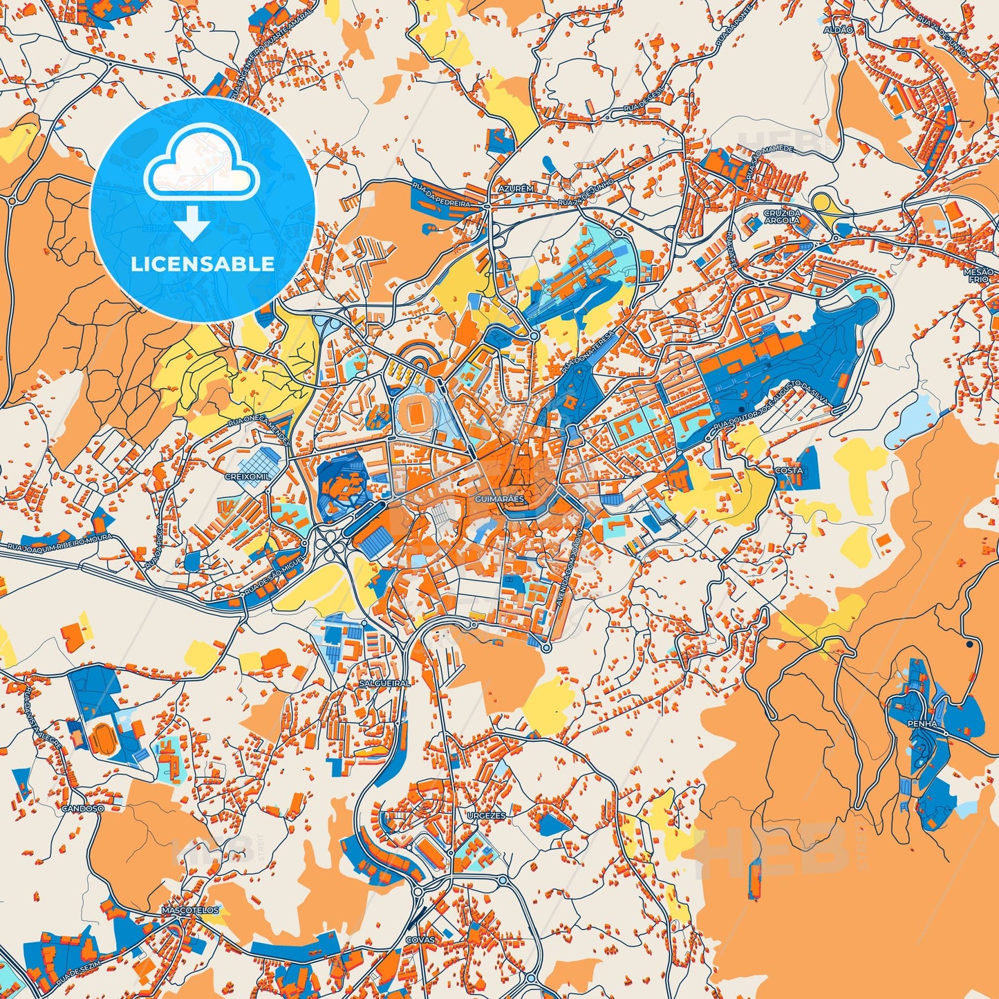 Colorful Guimarães Street Map with Labels and Buildings
